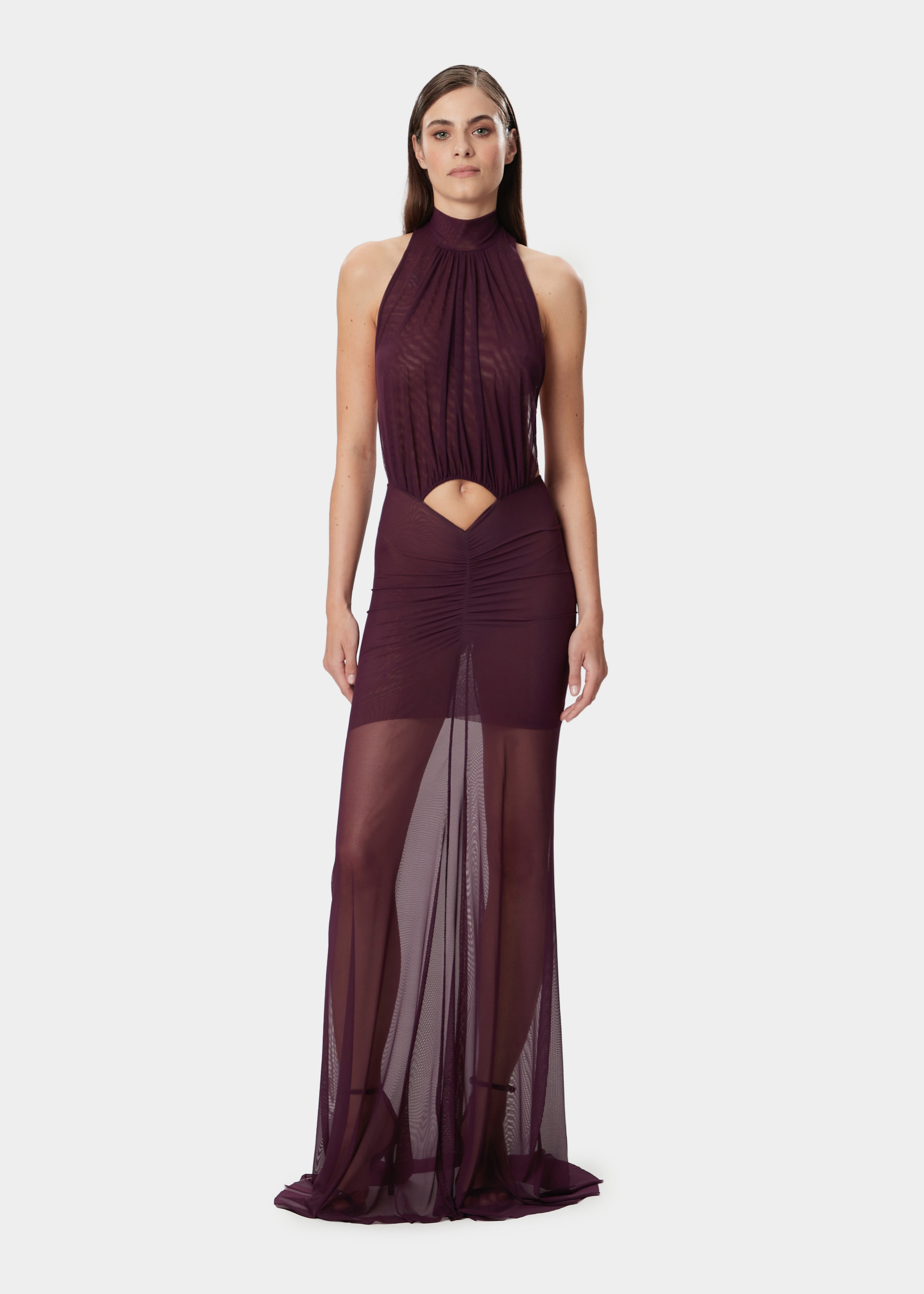 Mina Sheer Mock-Neck Maxi Dress Mulberry | Amazuìn