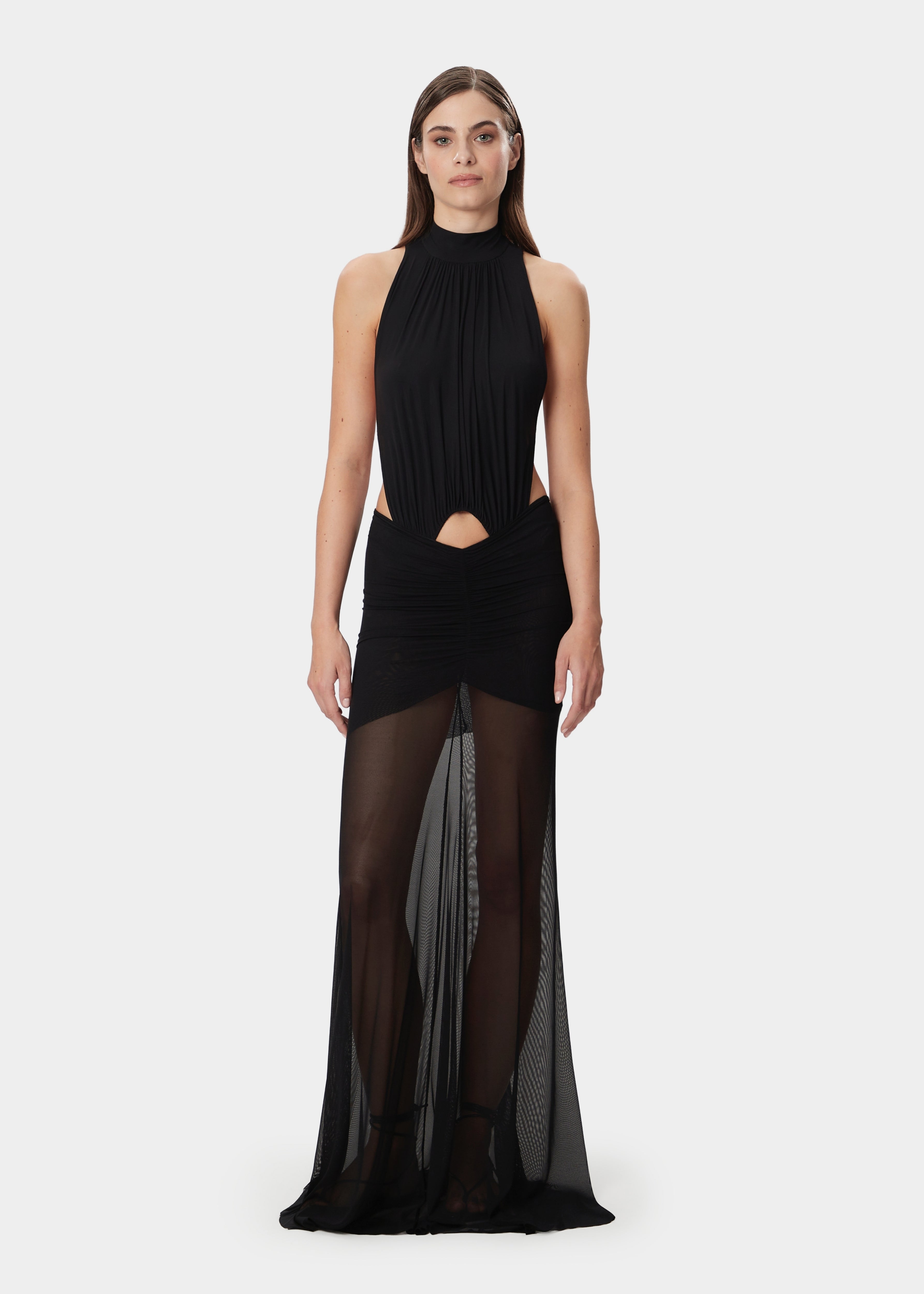 Sofia Sheer Ruched Maxi Skirt Deep Black | Amazuìn